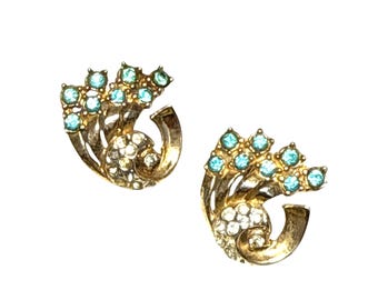 Vintage Gold Ton Strass Ohrclips Ohrringe Aqua Blau und klarer Kristall