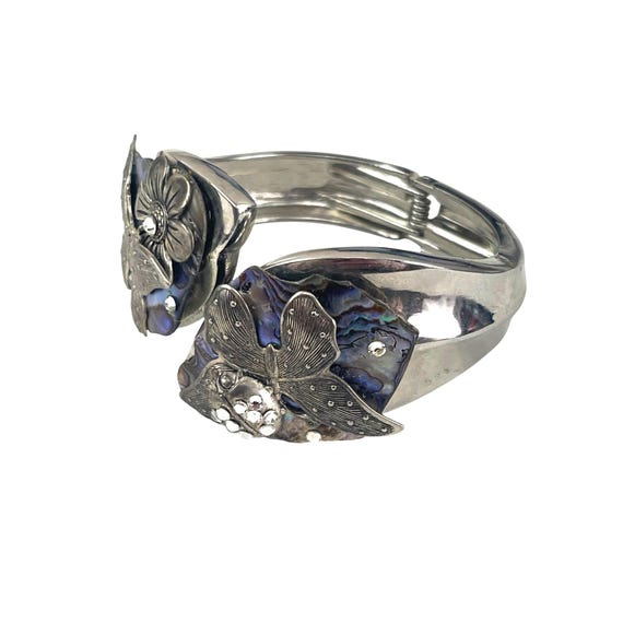 Silver Cuff Butterfly Flower Abalone Shell Woodla… - image 6