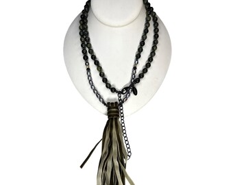 Chico's Boho Beaded Tassel Necklace Faux Leather Fringe Long