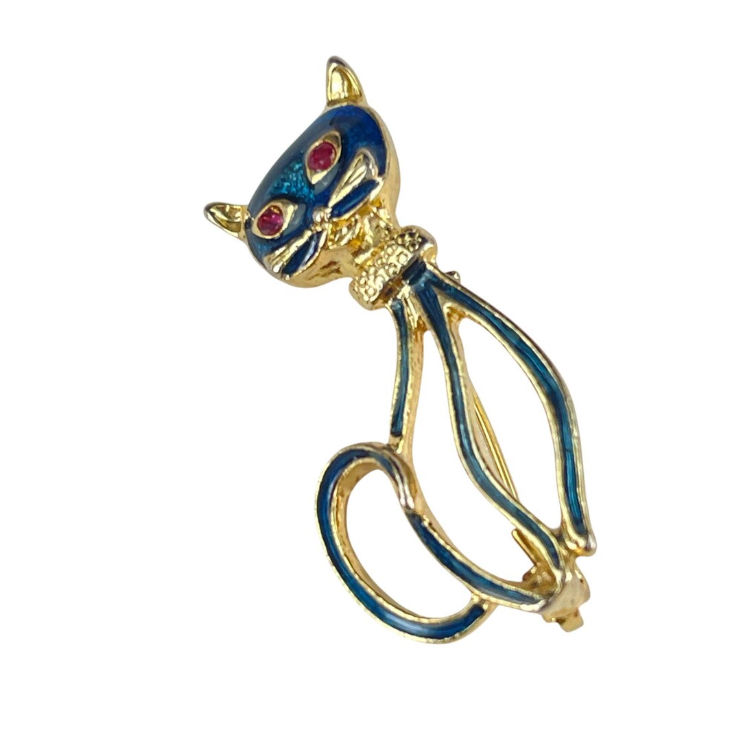 Vintage Gold Tone Enamel Cat Brooch Pin With Rhinestone Accents - Etsy