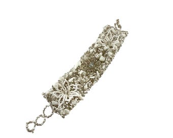 Handmade Beaded Cuff Bracelet White Crystal Gemstone Boho Statement Jewelry