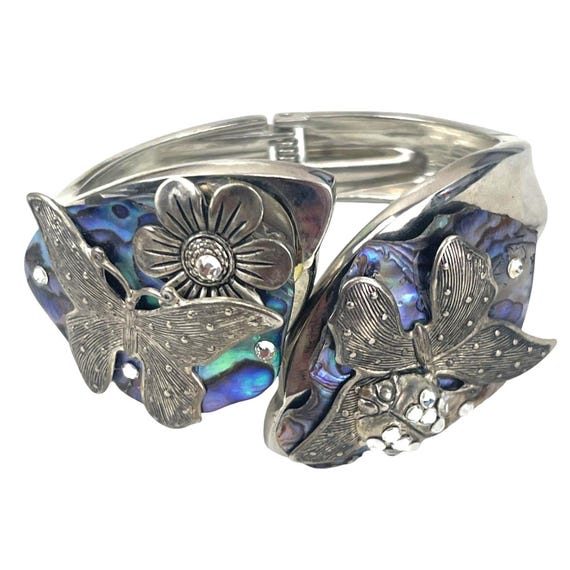 Silver Cuff Butterfly Flower Abalone Shell Woodla… - image 8