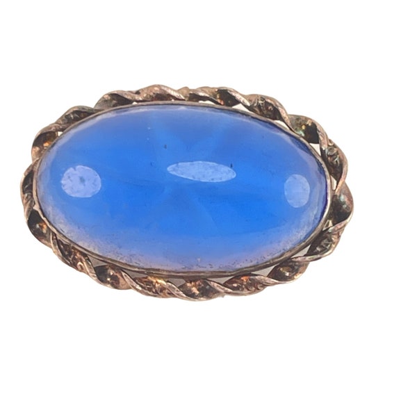 Czech Blue Glass Star Pattern Antique Brooch Sterling Silver Edwardian Oval Cabochon Pin Brooch