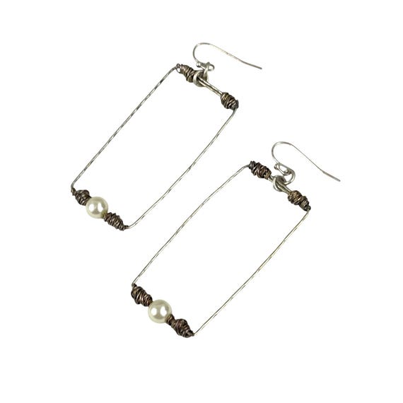 Handcrafted Wire & Pearl Rectangular Dangle Earri… - image 4