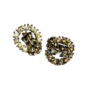 Aurora Borealis Clip Earrings Vintage Crystal Cluster Iridescent Jewelry