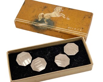 Paire De Boutons De Manchette Art Déco Cubique Vert Acier - Occasion Très Bon état, Argenté