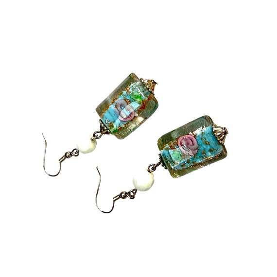 Glass Bead Earrings Rectangular Dangle Handmade B… - image 7