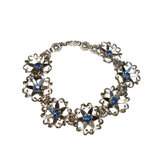 Vintage Blue Rhinestone Flower Bracelet Silver Tone Mid  display picture 1