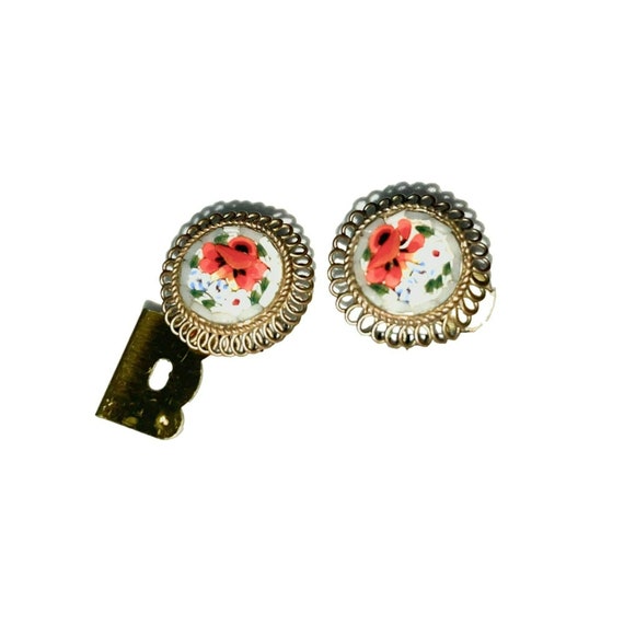 Boucles D'oreilles Anciennes Clips En Micro Mosaïque D'émail Fleurs - Occasion Bon état