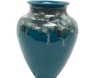 Teal Blue Hand Thrown Pottery Vase Glazed Signed