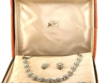 Rare Vintage Coro in Original Box Aurora Borealis Rhinestone Necklace, Earrings and Bracelet set Signed Silver Tone Coro 1950s