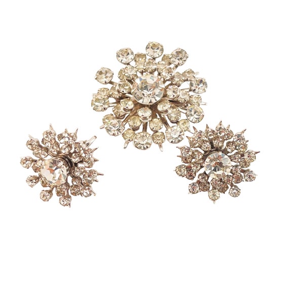 Coro Parure Set Brooch and Screw Back Earrings Clear Rhinestone Clusters