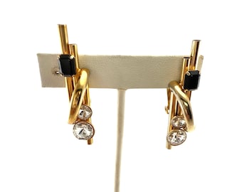 Vintage ASTEE Modernist Ohrringe - Goldfarbene geometrische Clip-On mit schwarzem Akzent und Strasstropfen