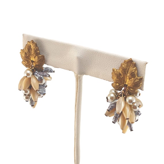 Vintage Gold Leaf Pearl Clusters Dangle Post Earr… - image 6