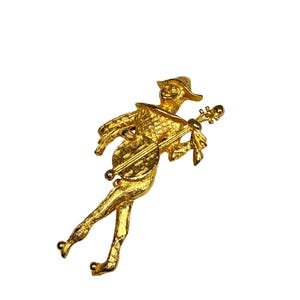 Vintage Harlequin Musical Brooch Gold Tone Jester Costume Pin