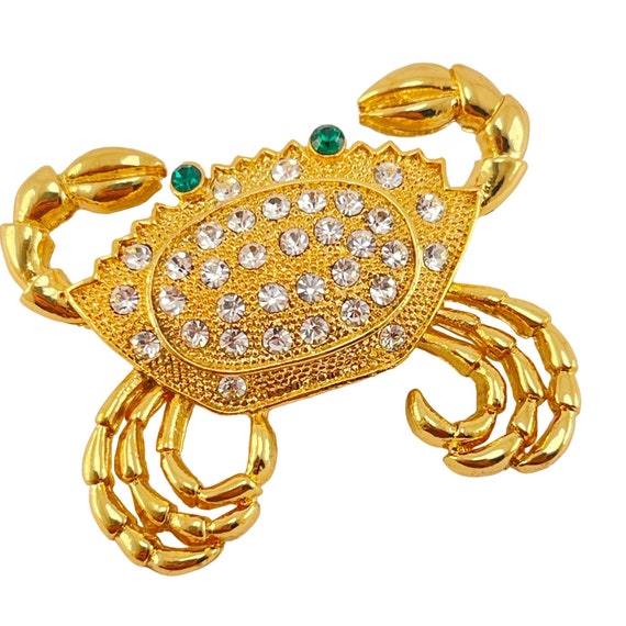 Crab Brooch Pin Green Eyes Rhinestone Gold Plated… - image 3