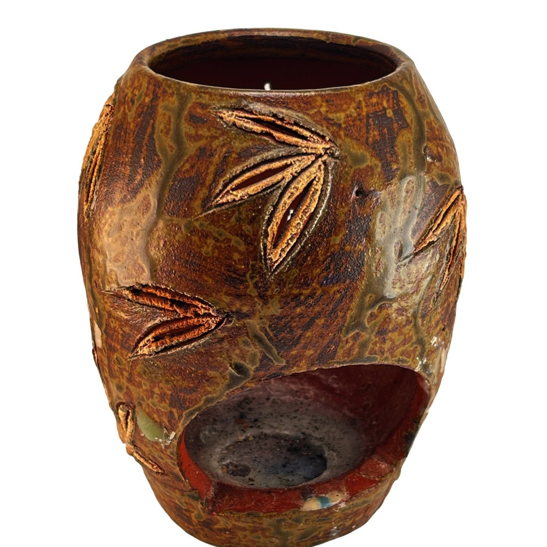 Red River Pottery Made in Vietnam Candle Lantern Luminary Open Bamboo