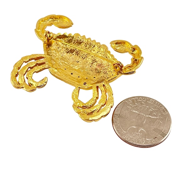 Crab Brooch Pin Green Eyes Rhinestone Gold Plated… - image 6