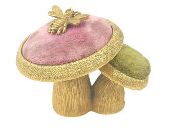 Rare Vintage 1960s Florenza Pincushion 2 Little Mushrooms Gold Plated Stems with Bumble Bee