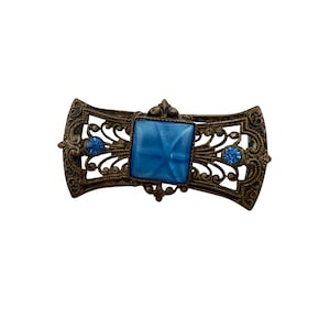 Vintage Filigree Blue Glass Brooch Pin Antique Brass Victorian Costume Jewelry