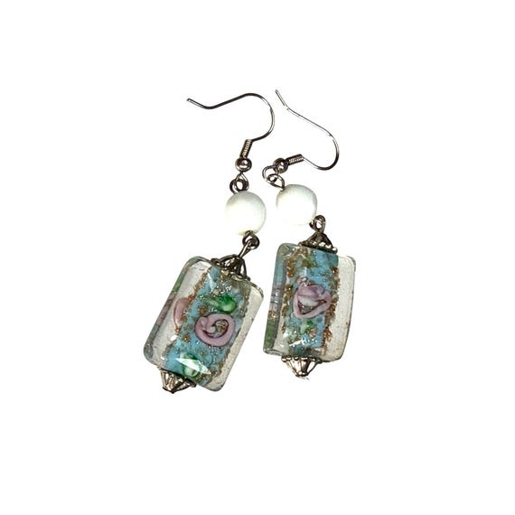 Glass Bead Earrings Rectangular Dangle Handmade B… - image 2