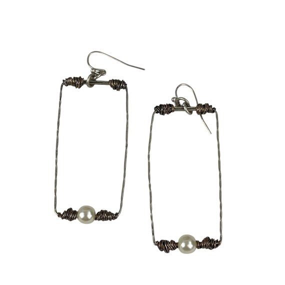 Handcrafted Wire & Pearl Rectangular Dangle Earri… - image 1