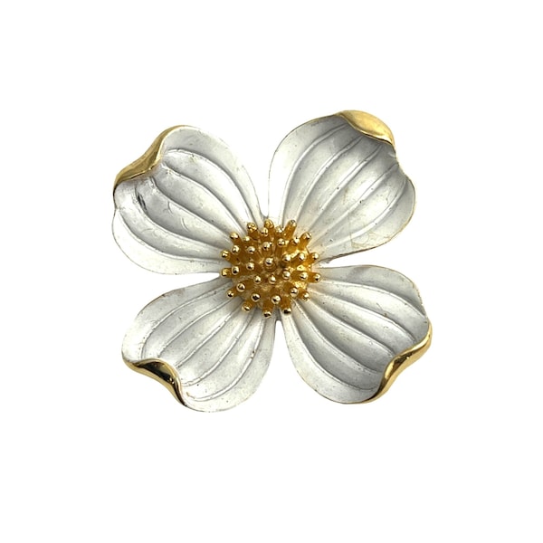 Crown Trifari Dogwood Flower Brooch Gold Tone White Enamel 1&7/8"