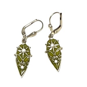 Art Deco Style Green Enamel Drop Earrings with Silver Filigree Design