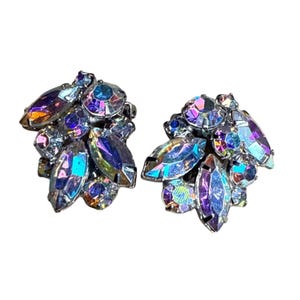 Weiss Aurora Borealis strass clip-on oorbellen vintage clustersieraden