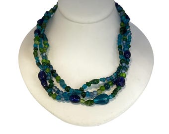 Multicolor Chunky Beaded Statement Necklace Blue Green Glass Layered Boho Jewelry