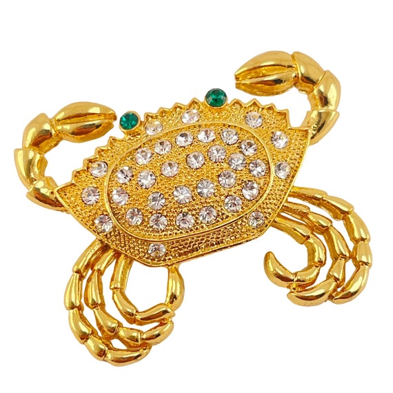 Crab Brooch Pin Green Eyes Rhinestone Gold Plated… - image 4