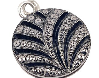 Art Deco Style Marcasite Sterling Pendant on Carved out Stone