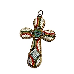 Vintage Italian Micro Mosaic Cross Pendant Roma Religious Enamel Jewelry