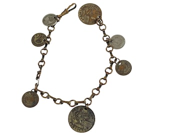 Pulseira vintage com pingente de moeda e fecho de metal colecionável