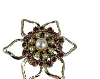Vintage Gold Tone Flower Brooch Pin Faux Pearl Purple Rhinestones 1.75"