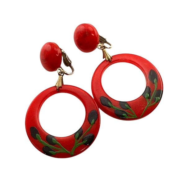 Boucles D'Oreilles Clips Vintage Fleurs Rouges En Plastique - Années 70 - Sans Marque