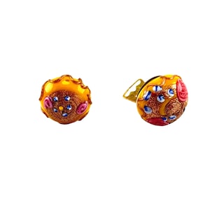 Vintage Murano Art Glass Clip-On Earrings Multicolor Swirl Floral Dome