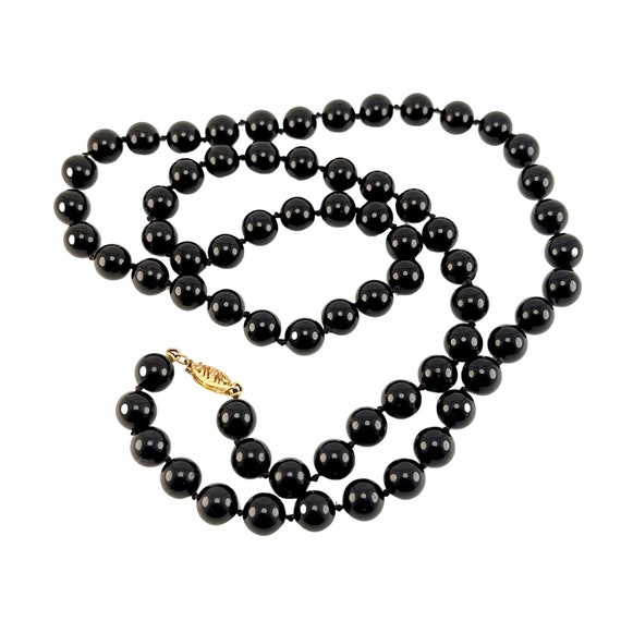 Black Onyx 8mm Beaded Necklace Hand Knotted 14K Y… - image 2