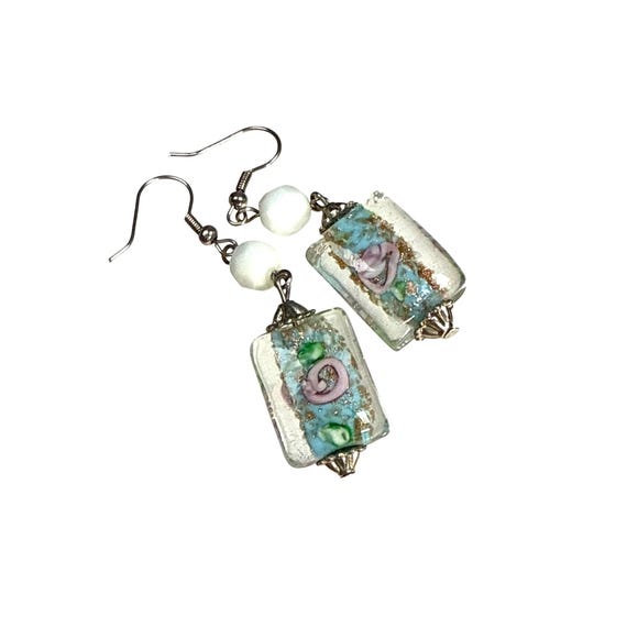 Glass Bead Earrings Rectangular Dangle Handmade B… - image 5