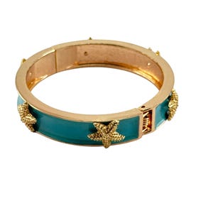 Gold Tone Starfish Bangle Bracelet with Turquoise Enamel Beach Jewelry