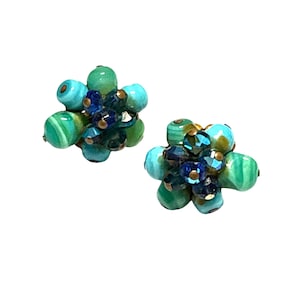 Vintage Green Glass Bead Cluster Clip On Earrings Blue Crystal Accents