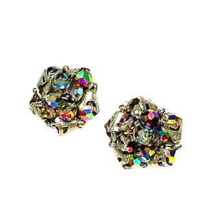 Vintage Aurora Borealis Crystal Cluster Clip On Earrings Silver Tone