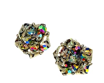 Pendientes de clip vintage con cristales de aurora boreal en tono plateado