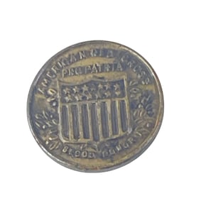 Op de afbeelding: Een gouden metalen token met de inscriptie "American Red Cross Pro Patria 1917-1919" en een schild met sterren en strepen. De inscriptie "In Blood We Honor" staat onderaan het token.