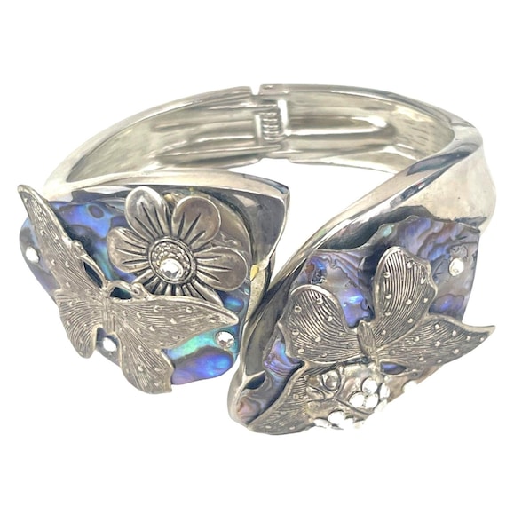 Silver Cuff Butterfly Flower Abalone Shell Woodla… - image 2