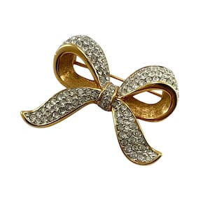 Vintage D.S.Co. Gold Ton Strass Bogen Brosche Kristall Ribbon Pin Kostüm Schmuck