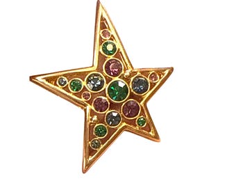 Broche Vintage étoile En Métal Doré Mat Avec Strass Multicolores - Réf. 03324 - Occasion à Nettoyer