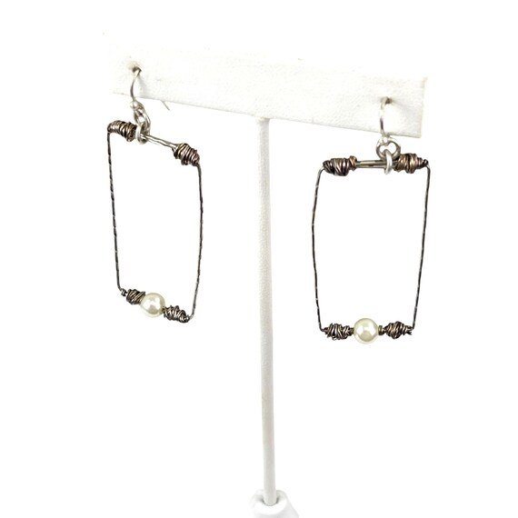 Handcrafted Wire & Pearl Rectangular Dangle Earri… - image 3
