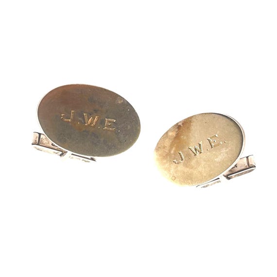 Boutons De Manchette Vintage EMJ Ton Argent - Forme Ovale, Métal De Base, Excellent état, Occasion
