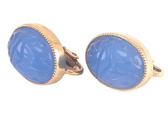 Scarab Earrings Periwinkle Blue Glass Clip Earrings Oval